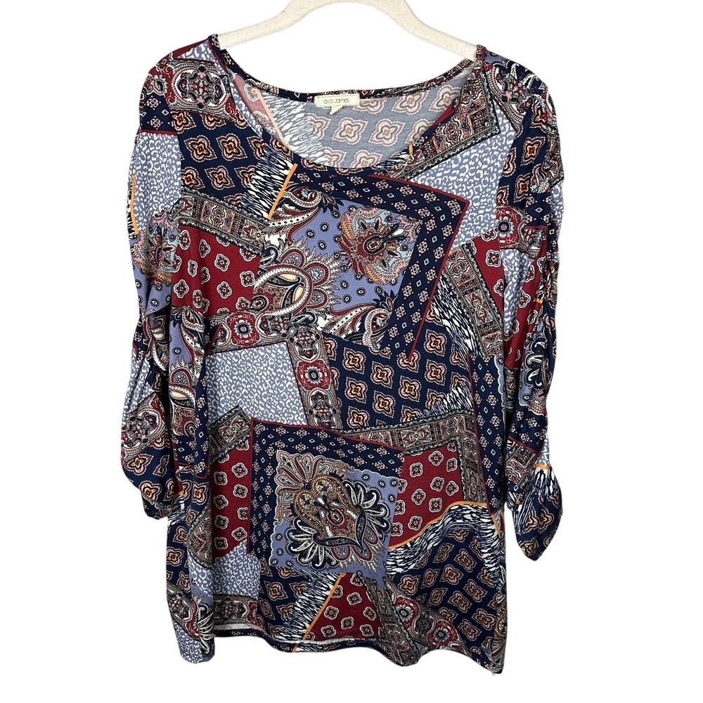 Ava James Red White Hanker Chief Print 3/4 Sleeve Round Neck Shirt Women's Small